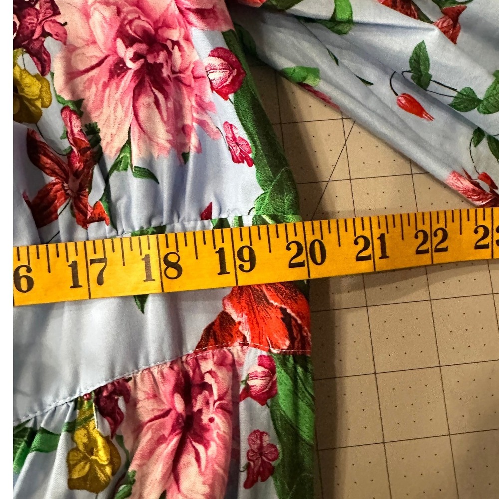 Gibson + Latimer NWT SZ XL Floral Midi Dress Blue Pink Wrap Tiered Puff Sleeve - Picture 14 of 15